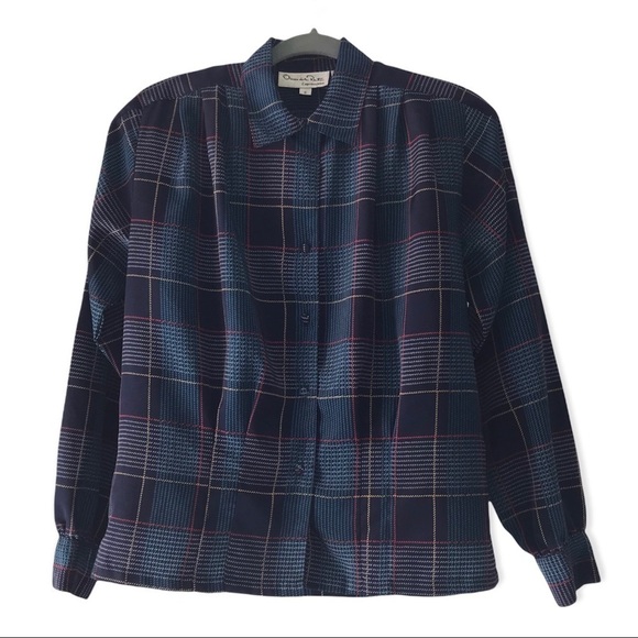 Vintage Oscar de la Renta Expressions Plaid Long Sleeve Button Down Blouse - Picture 1 of 13